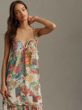 NWT -Anthropologie Chifon Floral Patchwork V-Neck Maxi Dress - White/Multi